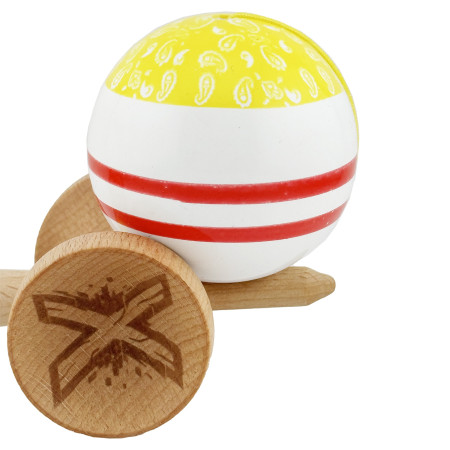 Kendama X CHICANOS Originala, Profesionala, Cyrax, Big Cups V2, Super Sticky cu Cupe Mari, Rulment Metalic, din lemn 18 cm, Ata 55 cm, Auriu/Alb