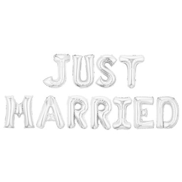 Set Baloane din Folie Metalizata, Cyrax, Model Just Married, Litere de 40 cm, Baloane Party, Ambalaj Individual, Pai, Ata si Adeziv Incluse, Umflare cu Aer sau Heliu, Argintiu