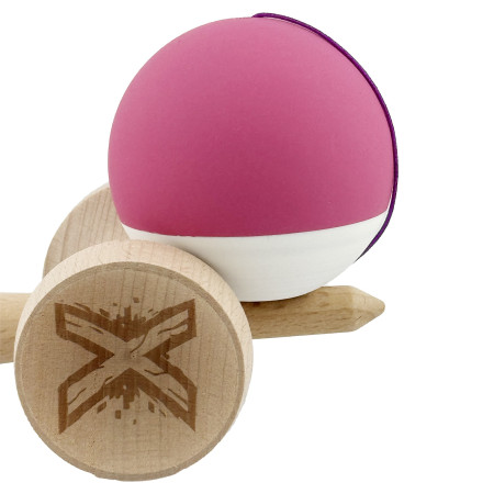 Kendama X Originala, Profesionala, Cyrax, Rubber Grip, Cupe Mari KING SIZE V3, Gaura in Baza, Rulment Metalic, din lemn 18 cm, Ata 62/65 cm, Bicolor Roz inchis/Alb