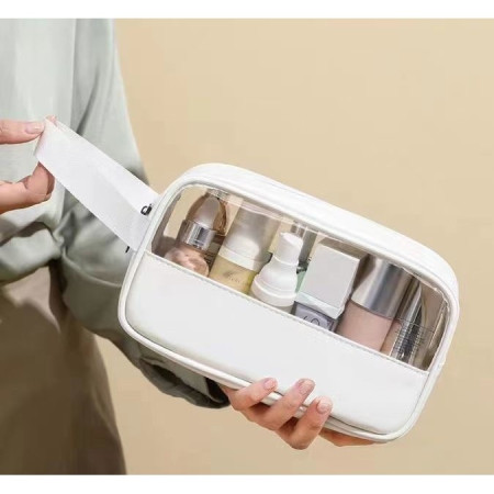 Geanta cosmetice Cyrax, pentru voiaj sau organizare, material PVC/textil, impermeabila, portabila, 22 x 12 x 8 cm, alb