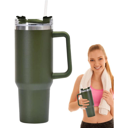 Cana Termos din Plastic, Cyrax, pentru Bauturi Calde si Reci, cu Maner, 9.9x9.9x27 cm, Verde Army