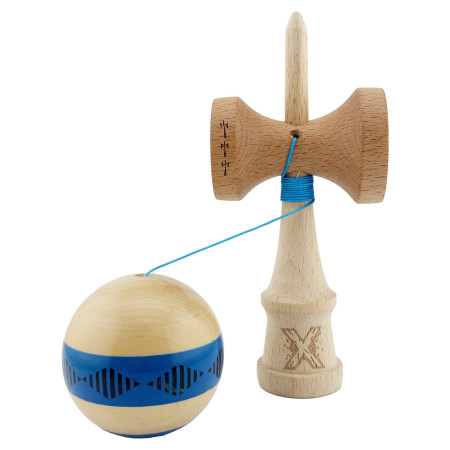 Kendama X FREQUENCY Originala, Profesionala, Cyrax, Big Cups V2, Super Sticky cu Cupe Mari, Rulment Metalic, din lemn 18 cm, Ata 55 cm, Albastru/Maro
