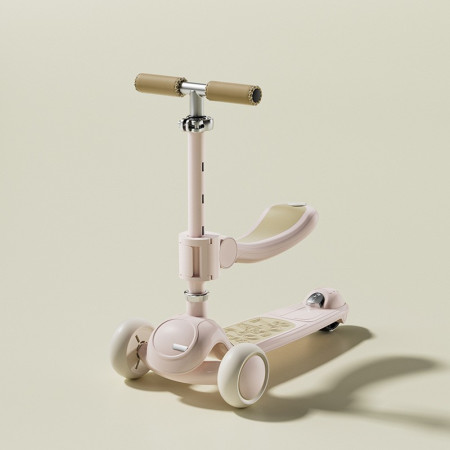 Trotineta Tip Carucior pentru Copii 7in1, Cyrax, Pliabila, Ghidon Reglabil, Parti Detasabile, Lumini LED, Muzica, Suport pentru picioare, Roz