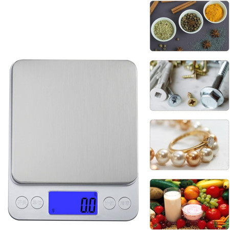 Mini Cantar Electronic, Cyrax, pentru Alimente/Bijuterii, max 3 Kg, 2 x AA, 12.7 x 10.6 x 1.9 cm, Gri