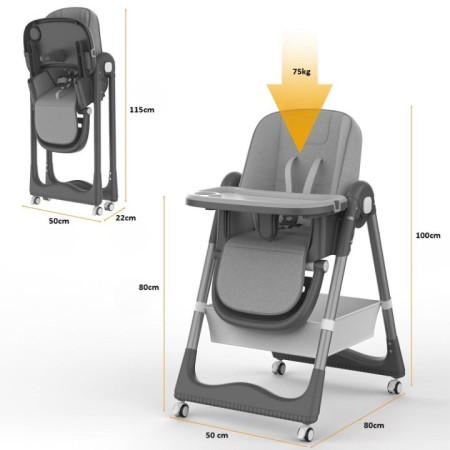 Scaun de Masa pentru Bebelusi si Copii, Cyrax, 2 Tavite si Husa Detasabile, Multifuncțional, Stabil, Centura de Siguranta, Inaltime Ajustabila, Spatar Reglabil Moale, Cos de Depozitare, 100x50x80cm, de la 6 Luni, Gri