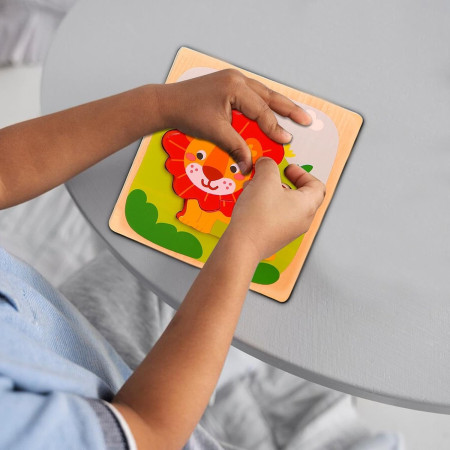 Puzzle Montessori din Lemn pentru Copii, Cyrax, 3D, 0-3 Ani, Model Leu, Educativ, Intuitiv, Creativ, 3 Piese, 15x15x0.5 cm, Multicolor