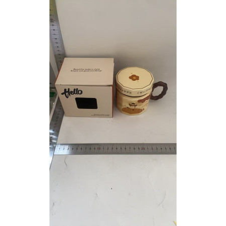 Cana din ceramica, Cyrax, Cana pentru Cafea, Ceai, Cana Universala, Unisex, Cana cu Capac, 9 x 8 x 8 cm, 400 ml, Model Baietel Bej