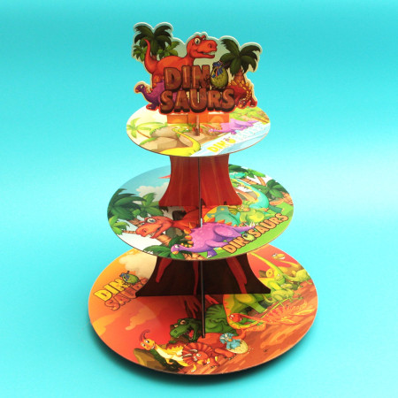 Etajera pentru Prajituri, Cyrax, din Carton, 3 Nivele, 16/22/29 cm Diametru, Inaltime 38 cm, Tema Dinozauri, Multicolor