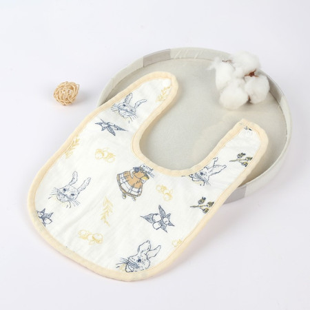 Baveta in Forma de U, Cyrax, din Bumbac, pentru Copii 0-12 Luni, Rezistenta la Apa, cu Capse, Model cu Iepurasi, 21x30 cm, Bej