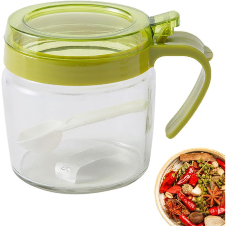 Recipient Condimente, Cyrax, din Stilca, 180 ml, cu Maner si Lingurita, 8 x 9 cm, Capac Transparent, Verde