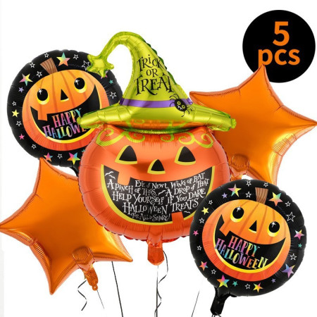 Set 5 Baloane din Folie Metalizata, Cyrax, Figurine, Tema Halloween, Pai Inclus, Ambalaj Individual, Umflare cu Aer sau Heliu, Figurina Dovleac 54x87 cm, Stelute si Cerculete 45 cm, Multicolor