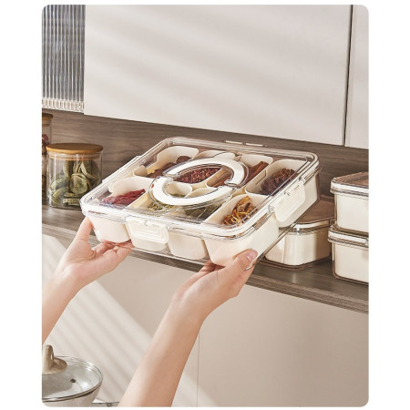 Cutie Alimentara Multifunctionala, Cyrax, pentru Condimente, Gustari,  Inchidere Etans, cu Capac si Maner, 8 Compartimente, 32 x 8 x 25 cm, Alb