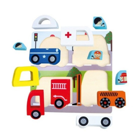 Jucarie Montessori, Cyrax, Tip Puzzle 3D, din Lemn, +36 Luni, Model Masini, 18 x 18 x 1.5 cm, Multicolor