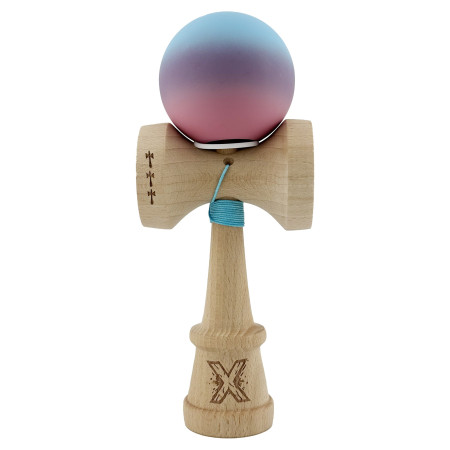 Kendama X Originala, Profesionala, Cyrax, Cupe Mari KING SIZE V3, Rubber Grip, Gaura in Baza, Rulment Metalic, din lemn 18 cm, Ata 62/65 cm, Gradient Albastru deschis/Mov/Roz