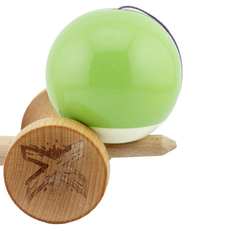 Kendama X Originala, Profesionala, Cyrax, Big Cups V2, Super Sticky cu Cupe Mari, din lemn 18 cm, Rulment Metalic cu Ata 55 cm, Verde deschis/Alb