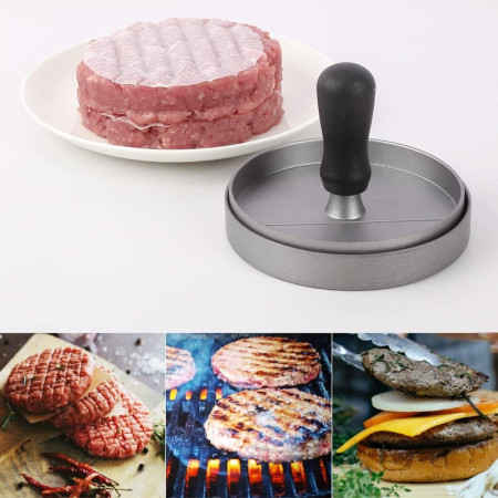 Presa manuala pentru burgeri Cyrax, material ABS si aluminiu, forma si presa, usor de curatat si folosit, 11.7 x 8.5 cm, gri