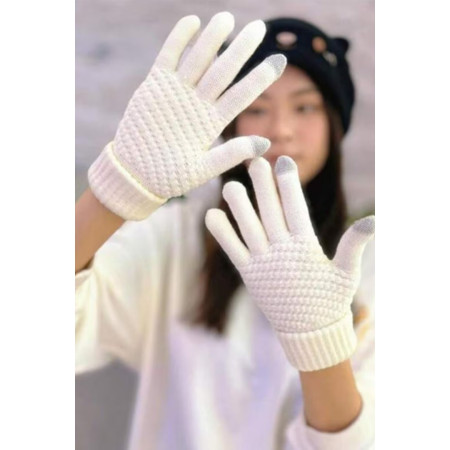 Manusi de Dama,  Functie Touchscreen (ecran tactil), Material Acril Tricotat, Manseta Elastica, Interior Catifelat, Marime Universala, Alb