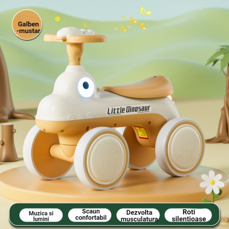 Bicicleta Pentru Copii, Cyrax, Fara Pedale, Cu Patru Roti, Din Plastic Rezistent, Fara BPA, Cu Muzica Si Lumini, Model Dinozaur, 50x27x40 Cm, Galben-Mustar