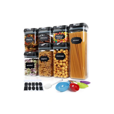 Set 7 Recipiente Organizare Alimente, Cyrax, Inchidere Etansa, Etichete Reutilizabile, Cupe Masurare, 4 Dimensiuni Diferite, din Plastic Dur, Transparent