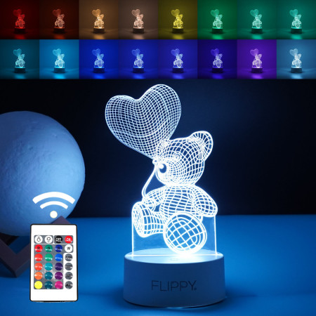 Lampa LED decorativa,  3D, Ursulet cu balon inima, cu telecomanda, doua moduri de alimentare USB si baterii, 20 cm inaltime, din material acril si lumina multicolora, alb