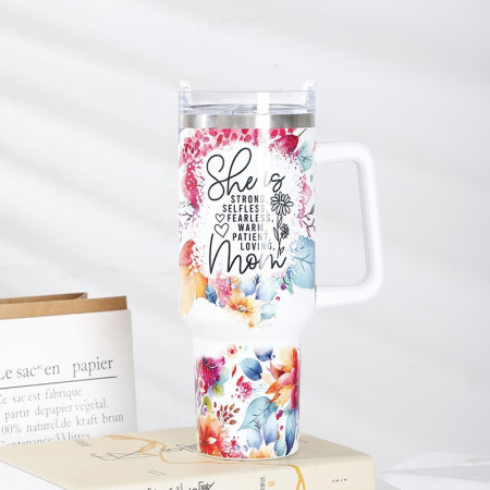 Cana Termos din Plastic, Cyrax, pentru Bauturi Calde si Reci, cu Maner, Imprimeu Floral, cu Mesaj pentru Mama, Alb, 10x7.6x27.5 cm