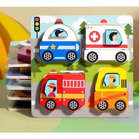 Jucarie Montessori, Cyrax, Tip Puzzle 3D, din Lemn, +36 Luni, Model Masini, 18 x 18 x 1.5 cm, Multicolor