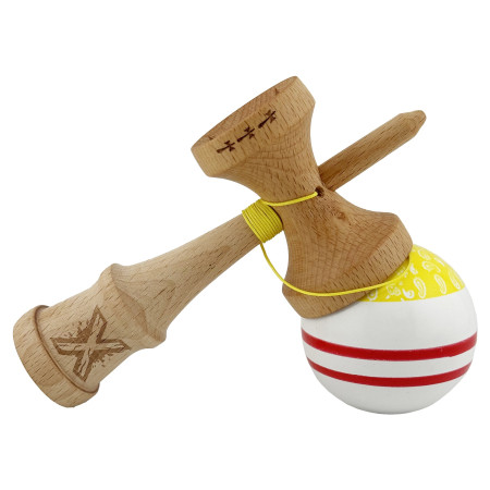 Kendama X CHICANOS Originala, Profesionala, Cyrax, Big Cups V2, Super Sticky cu Cupe Mari, Rulment Metalic, din lemn 18 cm, Ata 55 cm, Auriu/Alb