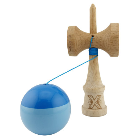 Kendama X Originala, Profesionala, Cyrax, Big Cups V2, Super Sticky cu Cupe Mari, Rulment Metalic, din lemn 18 cm, Ata 55 cm, Albastru/Bleu