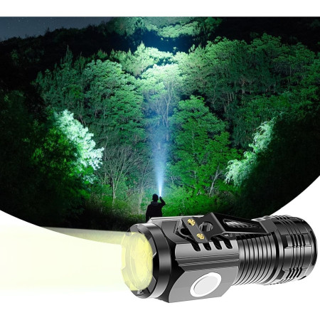 Lanterna cu 3 Nuclee Led,  Incarcare USB, Autonomie 4-20h, Raza Maxima 100-200 m, 5W, 4 x 4 x 9 cm, Suport de Agatat, Fund Magnetic, Negru