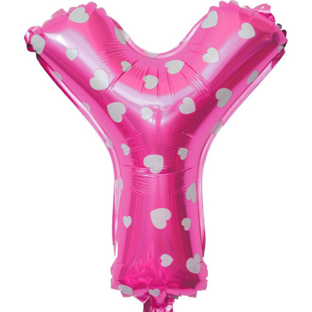 Balon Folie Metalizata Litera Y, Cyrax, 40 cm, Cu Imprimeu Inimioare, Umflati cu Heliu sau Aer, Ambalaj Individual, Pai inclus, Roz