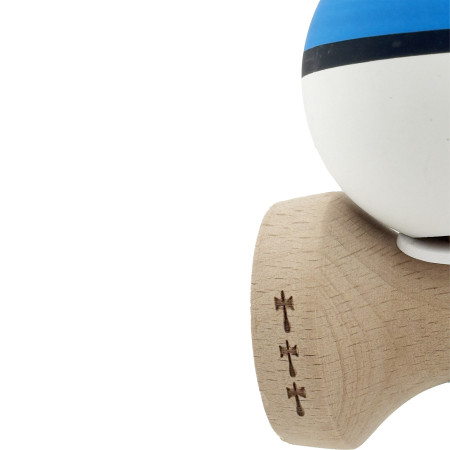 Kendama X Originala, Profesionala, Cyrax, Cupe Mari KING SIZE V3, Rubber Grip, Gaura in Baza, Rulment Metalic, din lemn 18 cm, Ata 62/65 cm, S Bicolor Albastru/Alb