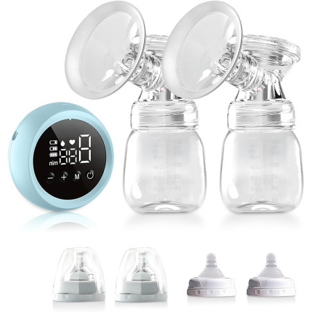 Pompa de San Electrica 2 in 1, Cyrax, cu 2 Biberoane, Capacitate 180 ml, Incarcare USB Tip C, 1200 mAh, 2 Moduri, 9 Viteze, Albastru Transparent