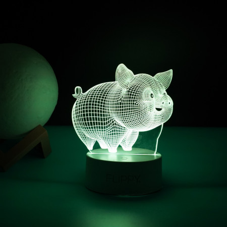 Lampa LED decorativa,  3D, Porcusor Gras, din material acril si lumina multicolora, alb