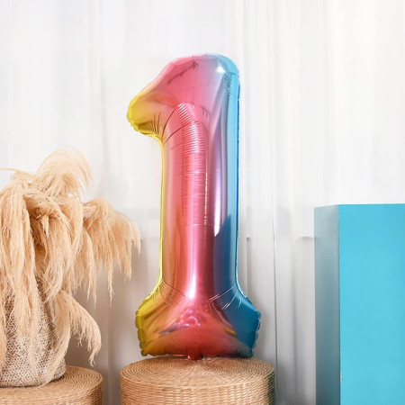 Balon din Folie Metalizata Gradient Cyrax, Figurina Cifra, Tema Aniversare 100 cm, Ambalaj Individual, Pai inclus, Umflare cu Aer sau Heliu, Multicolor, Cifra 1