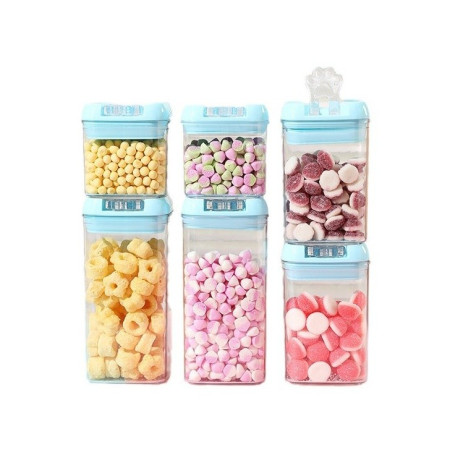 Set 6 Cutii de Depozitare Alimente, Cyrax, 2 x 500ml, 2 x 800ml, 2 x 1200ml, Capac Albastru, din PP+PET, Inchidere Ermetica, Transparent