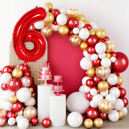 Balon din Folie Metalizata Cyrax, Figurina Cifra, Tema Aniversare 100 cm, Ambalaj Individual, Pai inclus, Umflare cu Aer sau Heliu, Rosu, Cifra 6