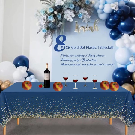 Fata de Masa, Cyrax, din PEVA, Imprimeu Buline Aurii, 137 x 274 cm, Impermeabila, Fara Pete, Curatare Rapida, Albastru Inchis