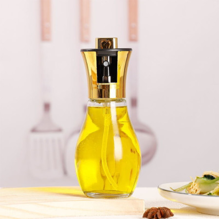 Sticla de ulei cu Pulverizator, Cyrax, Sticla pentru Lichide de Bucatarie, Otet, Sos, 16.7 x 5.2 cm, Volum 200 ml, Gold