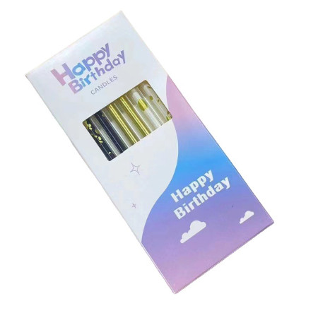 Set 6 Lumanari Lungi, Cyrax, din Parafina, 10 x 0.5 cm, Happy Birthday, Alb/Negru/Auriu