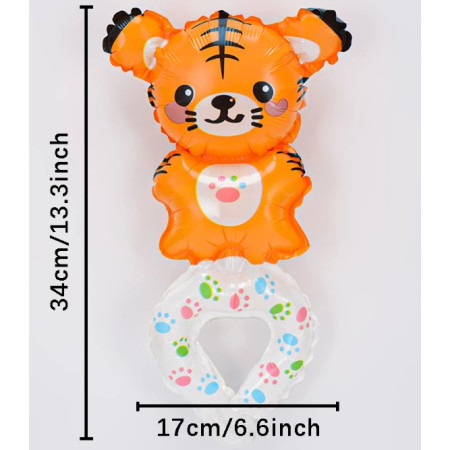 Balon din Folie Metalizata, Cyrax, Figurine Animalute, Tip Bratara, Model Tigru, 17x34 cm, Ambalaj Individual, Pai Inclus, Umflare cu Aer sau Heliu, Maro