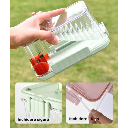 Caserola portabila pentru mancare fresh Cyrax, 550 ml, furculita pentru fructe, 7 x 11.5 x 16 cm, capac detasabil pentru congelator, etans, spatiu pentru tacamuri, maner, material plastic, rezistent la temperaturi ridicate, transparent