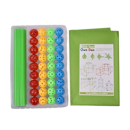 Kit de Constructie Fort 3D pentru Copii, Cyrax, 560 g, 36 Sfere, 51 Tije, Panza Verde Impermeabil, 3 ani, Educativ, Multicolor