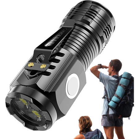 Lanterna cu 3 Nuclee Led,  Incarcare USB, Autonomie 4-20h, Raza Maxima 100-200 m, 5W, 4 x 4 x 9 cm, Suport de Agatat, Fund Magnetic, Negru Galvanizat