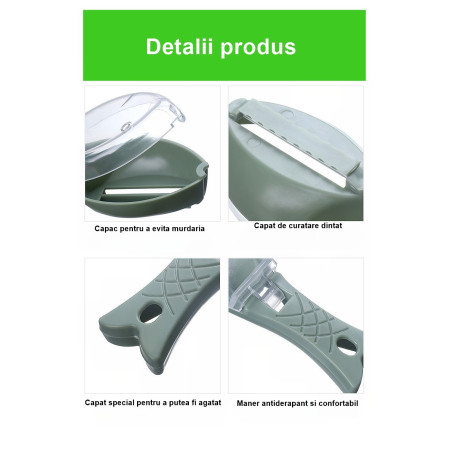 Curatator Manual Solzi de Peste, Cyrax, Forma Peste , Recipient cu Capcac pentru Solzi, Plastic, Verde deschis, 16x6 cm