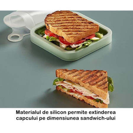 Caserola pentru sandwich Cyrax, din silicon si polipropilena, portabil, usor de curatat, capac anti-scurgere, reutilizabil, 15.5 x 15.5 x 2.5 cm, verde
