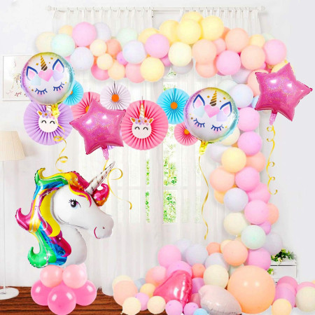 Balon din Folie Metalizata, Cyrax, Mini Figurina Rotunda, Model Unicorn, Happy Birthday, Tematica Aniversare, 45 cm, Ambalaj Individual, Pai Inclus, Umflare cu Aer sau Heliu, Multicolor