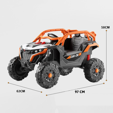Masina Electrica pentru Copii, Cyrax, Tip Buggy/UTV Off-Road Dual Drive, Conectare Bluetooth, Telecomanda, Lumina Intermitenta si Muzica, Baterie 380*2, 6V 7Ah, 97 x 62 x 58 cm, Portocaliu Negru