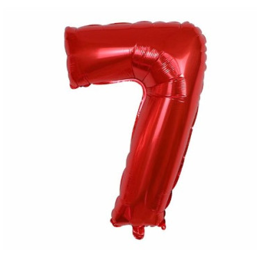 Balon din Folie Metalizata Cyrax, Figurina Cifra, Tema Aniversare 80 cm, Ambalaj Individual, Pai inclus, Umflare cu Aer sau Heliu, Rosu, Cifra 7