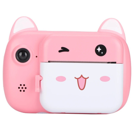 Camera Instantanee pentru Copii, Cyrax, Camera Frontala + Selfie, cu Functie de Printare, Cablu USB-C, Bluetooth, Compatibil iOS/Android, Imprimare APP, Model Pisica Smiley Face, Roz