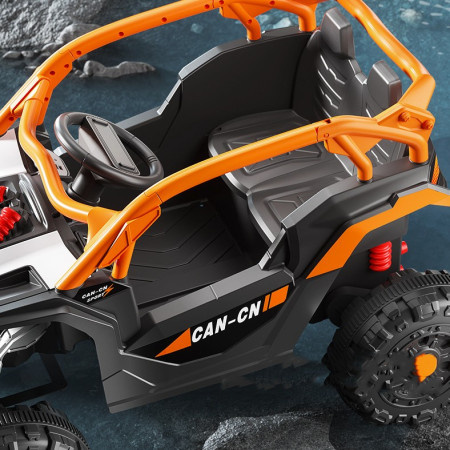 Masina Electrica pentru Copii, Cyrax, Tip Buggy/UTV Off-Road Dual Drive, Conectare Bluetooth, Telecomanda, Lumina Intermitenta si Muzica, Baterie 380*2, 6V 7Ah, 97 x 62 x 58 cm, Portocaliu Negru